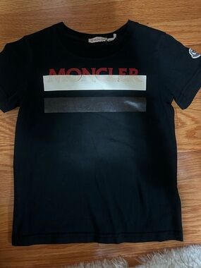 Moncler Kids Black Tee with Red Logo and White Stripe